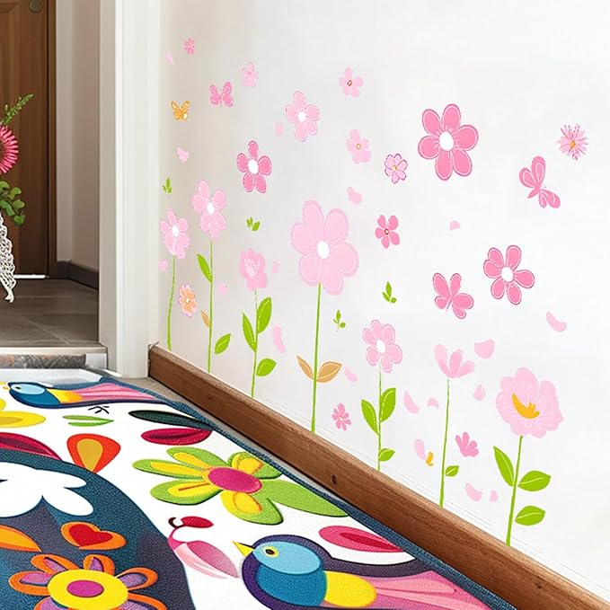 Pink Flower Wall Decals Butterfly Daisy Wall Stickers Floral Decor for Girls Bedroom Living Room Bedroom Wall Decor