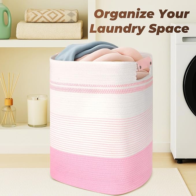 Laundry Basket with Handles - Blanket Basket & Hampers for Bedroom Aesthetic, Laundry Hamper & Blanket Storage for Living Room, Clothes Hamper, Tall, Large 17" x 14" x 22”, Pink & White
