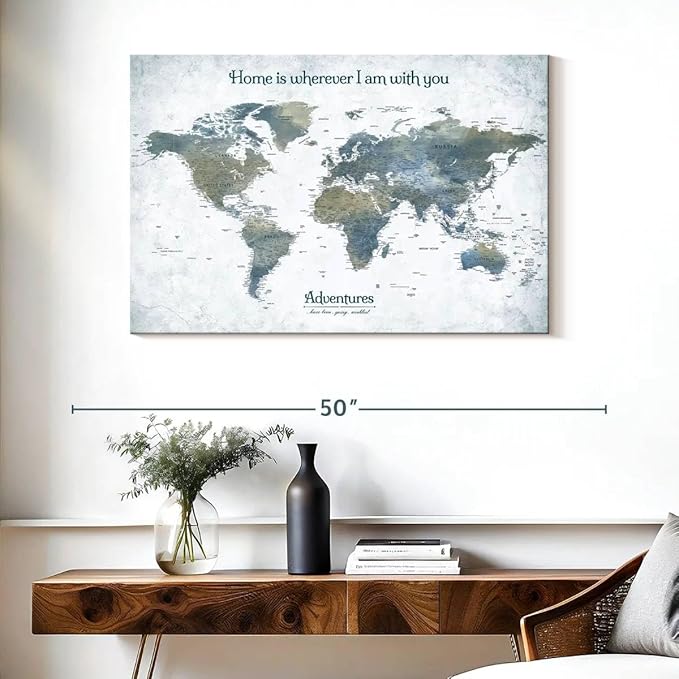 ElephantStock - Home With You II Push Pin World Map Wall Art - Horizontal Canvas Wall Art - Living Room Wall Decor - Digital Art Map Canvas Art - Blue And Gray Decor - 39" x 26"