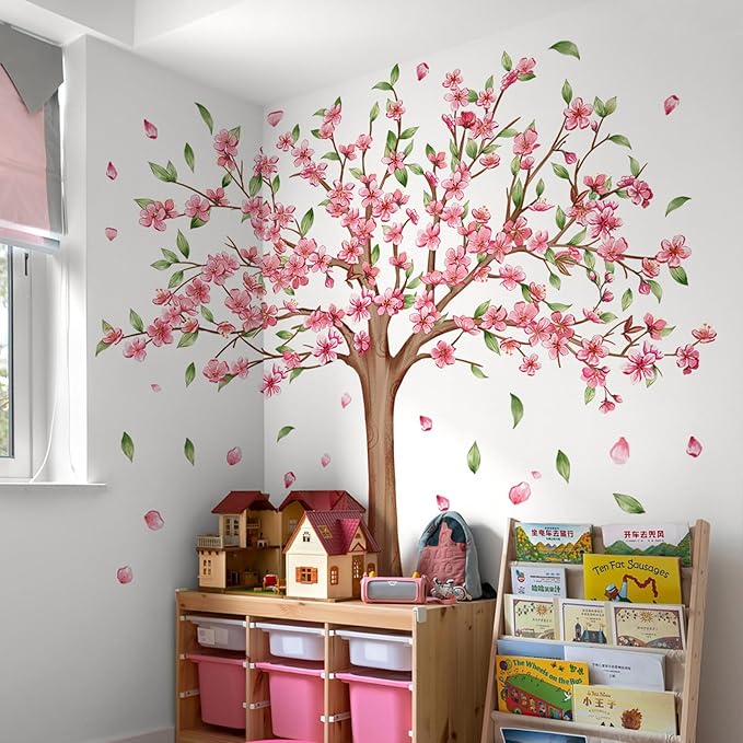 Large Cherry Blossom Wall Decals - Pink Flower Tree Wall Stickers for Girls Kids Bedroom Nursery Living Room TV Wall Decor (H: 45 Inch)