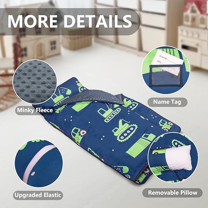 Primlect Thickened Toddler Nap Mat with Removable Pillow and Minky Blanket, Extra Large 55''x35'' Sleeping Bag, Washable, Roll up, Perfect for Daycare, Preschool, Kindergarten, Boys (Excavator)