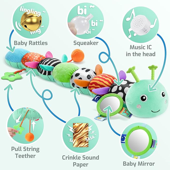 Sumobaby Baby Toys 0-6 6-12 Months, Music Caterpillar Plush Toy with Baby Mirror, Pull String&Crinkle Rattle,Infant Teething Toys,Tummy Time for 0-3-6-12 Month Boys Girls Newborn Gifts (Blue-Leaf)