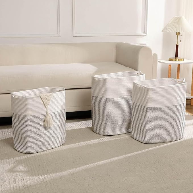 Tall Laundry Basket With Handles,Woven Cotton Rope Big Laundry Hamper Sorters,Versatile Storage for Dirty Clothes,Baby Toys,and Blankets in Bathroom, Nursery,and Living Room (White/Black Line, 68L)