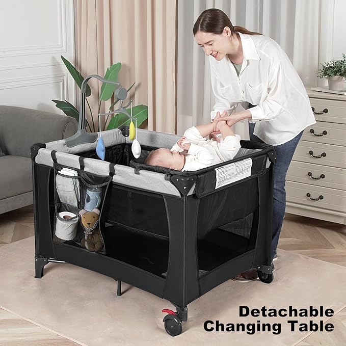 Pack and Play with Changing Table & Carry Bag, 4-in-1 Portable Crib Playpen for Newborn to Toddler, ASTM Certified Foldable Travel Crib with Bassinet(A-Black)