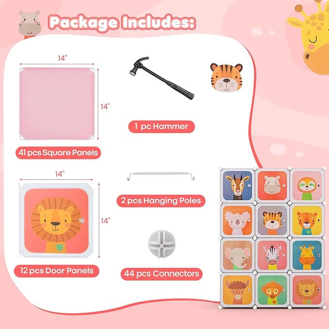 Costzon Kids Closet, Cartoon DIY Modular Dresser Storage Organizer with 12 Cubes & 2 Clothes Hanging Rack, Portable Armoire for Baby Toddlers, Kids Wardrobe for Bedroom Nursery (Pink)