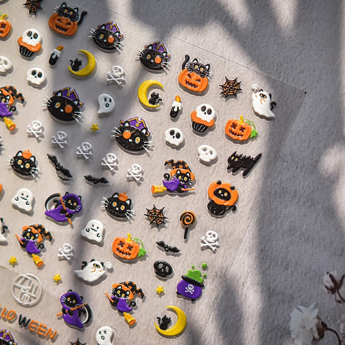 Halloween Nail Stickers Spooky and Cute Nail Decals Pumpkin Ghost Cat Skull Stickers for Nails 3D Self-Adhesive Nail Art Supplies & Decorations for Women Girls,DIY Manicure Decor 1 Sheet