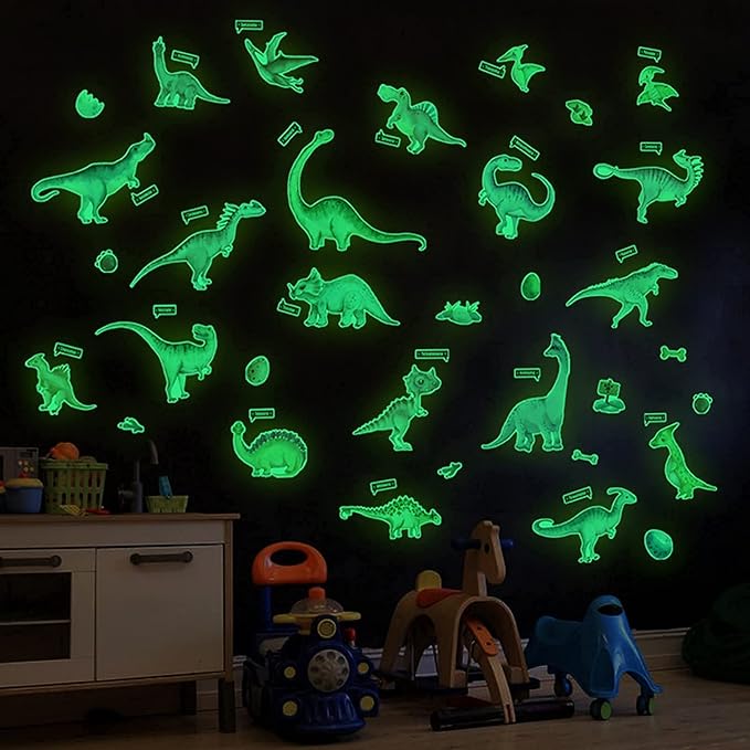 Glow in The Dark Dinosaur Wall Decals, Glowing Stickers for Ceiling, Boys Bedroom Decoration, Large Luminous Removable Dinosaur Wall Decor for Nursery, Kids Birthday Gift