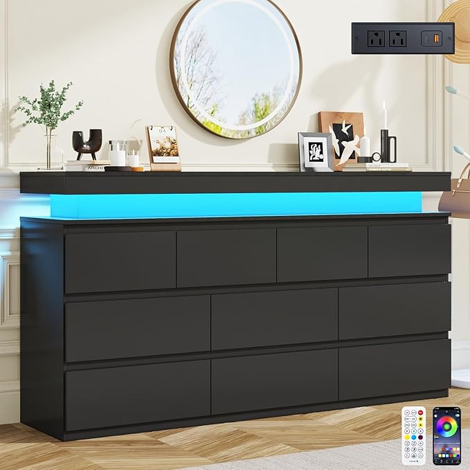 10 Drawer Dresser for Bedroom, 63“ Wide 34” Tall Drawer Organizer Cabinet with LED Light and Charge Station, Modern Chest of Drawers for Closet, Living Room, Entryway, Hallway (Black, 10 Drawers)