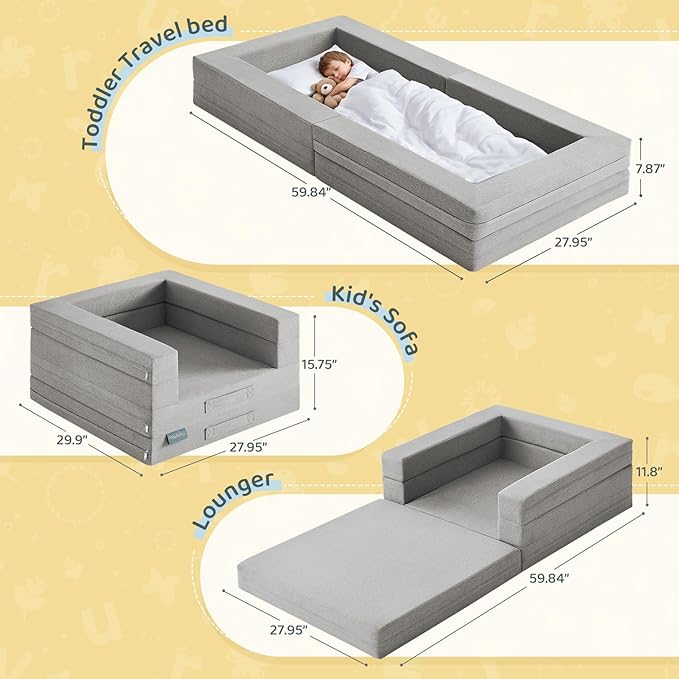 Travel Toddler Bed, 3-in-1 Convertible Sofa Bed for Toddler Portable Floor Beds, Flip Open Sofa Lounger for Girls and Boys, Made with High-Density Foam and Washable Cover,Ash