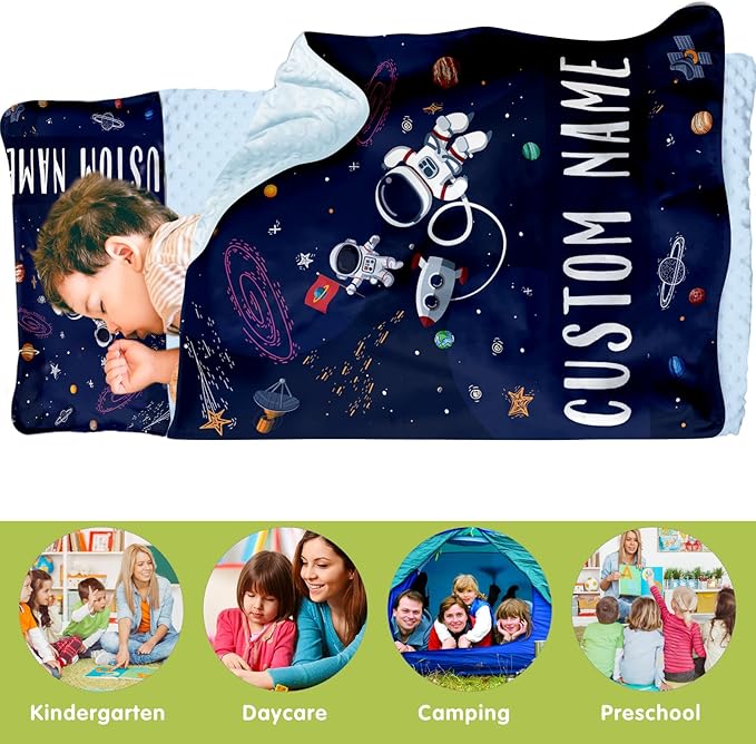Personalized Toddler Nap Mats for Preschool, Custom Name Kids Sleeping Bag for Daycare, Roll Up Sleeping Mat with Removable Pillow and Soft Dot Minky Blanke for Boys Camping Travel