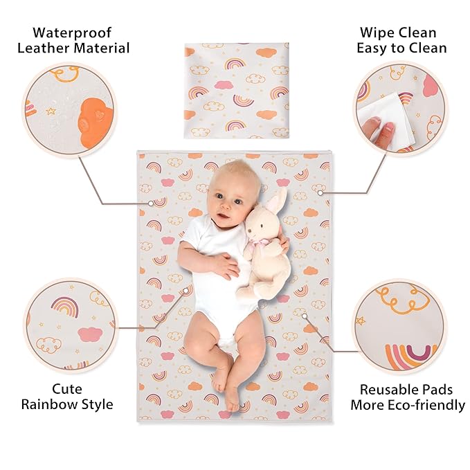 Vegan Leather Baby Changing Mat - Wipeable Portable Changing Pad, Foldable Travel Changing Mat for Baby, Newborns Toddlers Shower Gifts (Rainbow,20"*28")