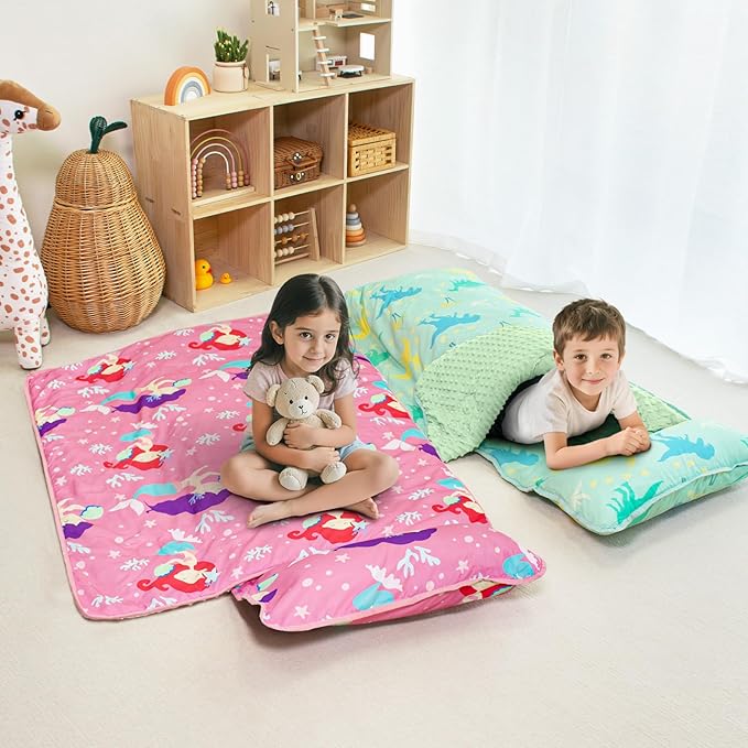 Toddler Nap Mat with Pillow and Minky Blanket, Large 55"x35" Sleeping Bag, Washable, Lightweight, Easy to Roll, Perfect for Preschool, Daycare, Kindergarten, Travel, Boys and Girls(Mermaid)