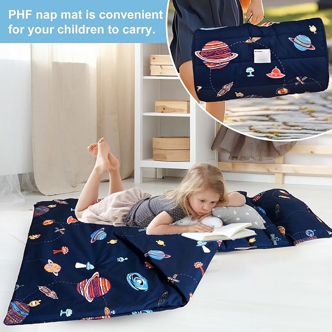 PHF Space Toddler Nap Mat Set, with Removable Pillow for Toddler Boys Girls, Soft and Lightweight for Daycare, Preschool, Travel, Kindergarten Sleeping Bag, Fits Ages 3-6 Years, Space
