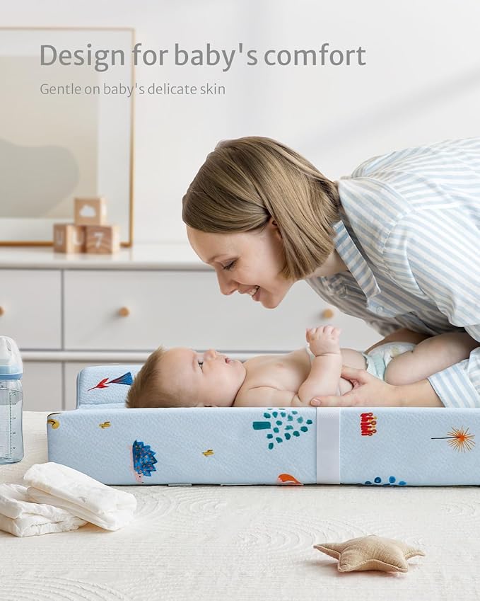Blissful Diary Baby Changing Pad with Waterproof Lining Foam, Includes a Soft & Washable Cover, Contoured Changing Table Pads for Dresser Top with Non-Slip Bottom, 32”×16” (Blue, Rectangular)