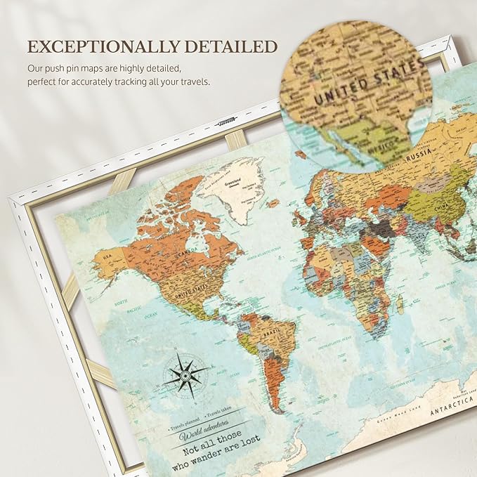 ElephantStock - Personalized Wanderer Push Pin World Map Wall Art - Horizontal Canvas Wall Art - Living Room Wall Decor - Digital Art Map Canvas Art - Orange And Blue Decor - 51" x 34"
