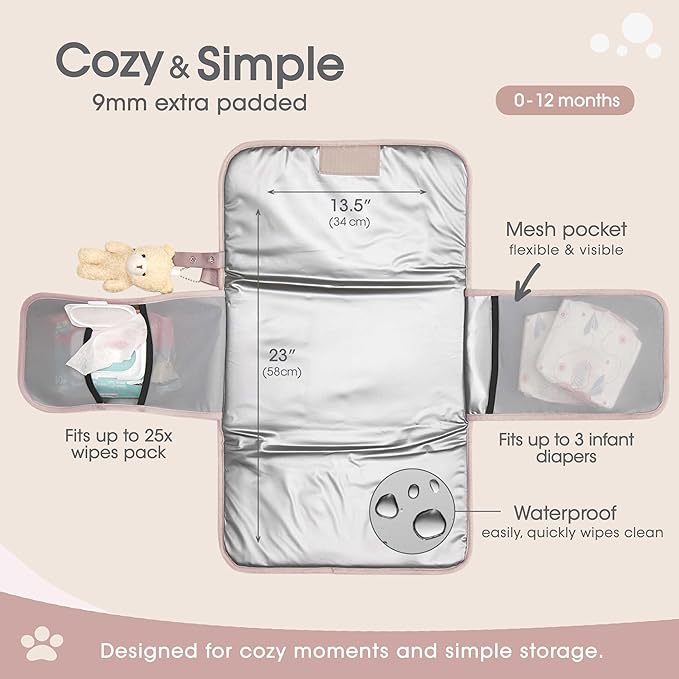 J&Joo Portable Diaper Changing Pad - Ultra Soft, Extra Padded, Waterproof Baby Changer Travel Essential, EZ Access Mesh Pockets, Gift for Baby Shower, Newborn Girls and Boys, 0-12 Months