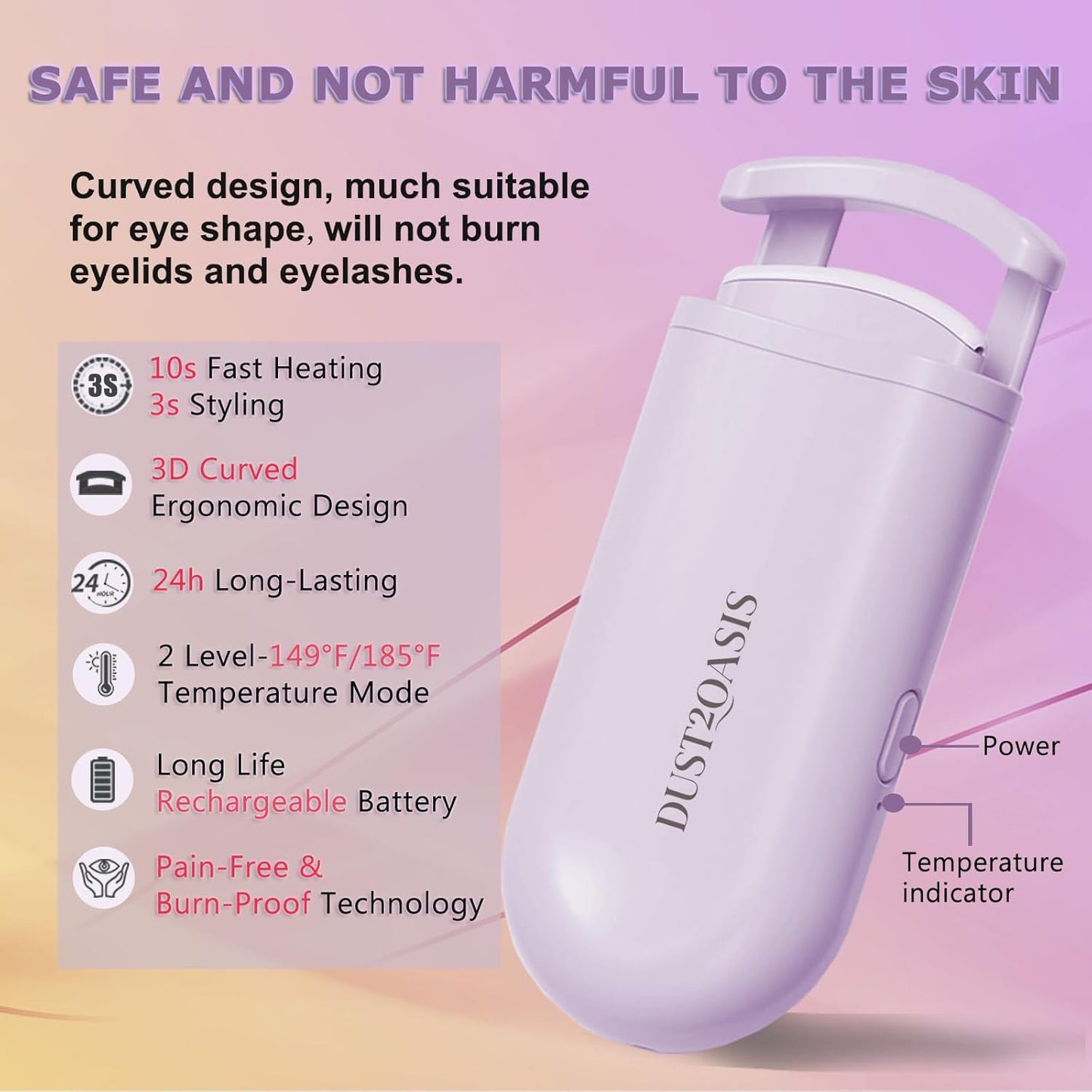 Heated Eyelash Curler - Wide Open Dual-Arc Design Heated Lash Curler - Electric Eyelash Curler - Type-C Rechargeable Mini Lash Curler Natural Curling 24H Long Lasting for Women - Purple