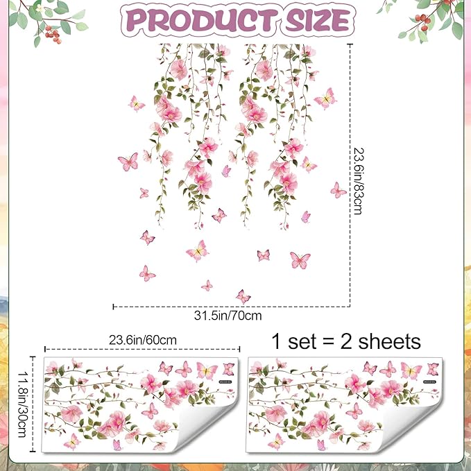 2 Sheets Removable Hanging Pink Vine Flowers Wall Decal Green Leaves Wall Decal DIY Pink Butterfly Stickers Self-Adhesive Art Decor for Girls Room Living Room Bedroom TV Backdrop Decor