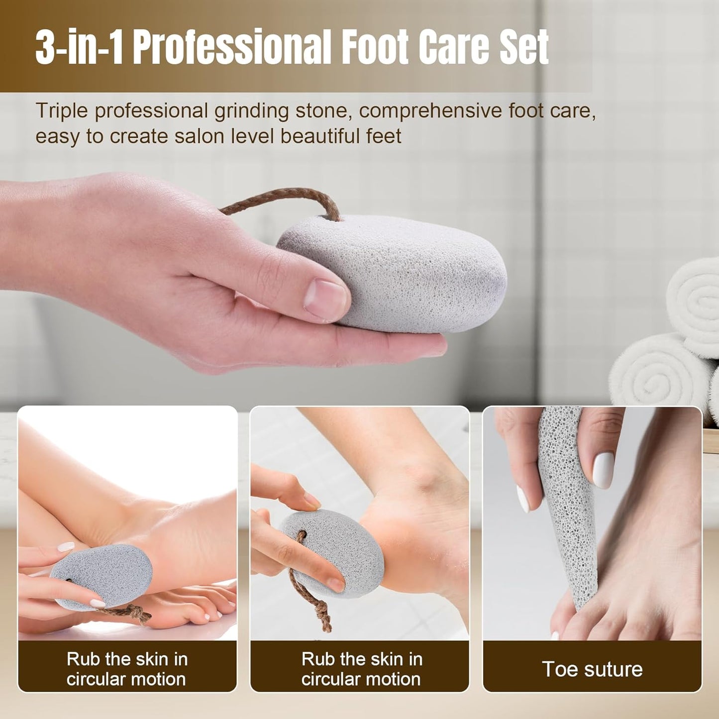 Pumice Stone for Feet Dead Skin Removal - 3-Pack Natural Volcanic Pumice Stone Set (Round, Oval, Cone) with Hanging Rope & Travel Box | Hard Skin & Callus Remover for Heels, Toes,