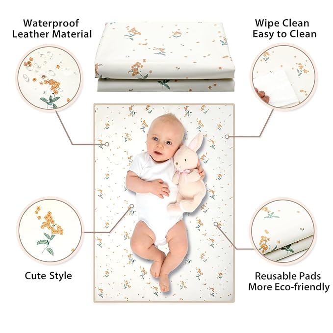 Vegan Leather Baby Changing Mat - Wipeable Portable Changing Pad, Foldable Travel Changing Mat for Baby, Newborns Toddlers Shower Gifts (Orange Floral,20"*28")