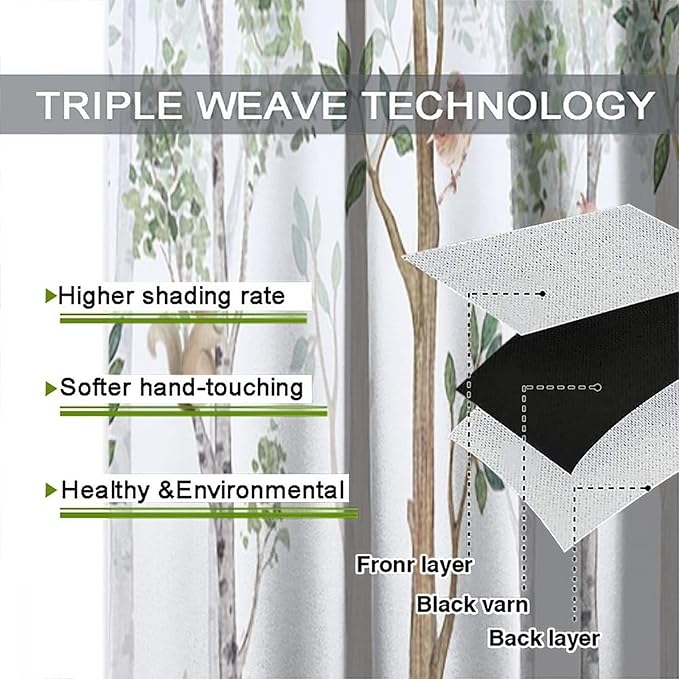 Kids Watercolor Woodland Animal Window Curtains, Bear Deer Squirrel Hedgehog Fox Birds Green Forest Blackout Rod Pocket Treatment for Boys Girls Bedroom 42x63in