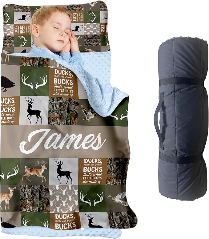 Personalized Toddler Nap Mats for Preschool, Custom Name Kids Sleeping Bag for Daycare, Roll Up Sleeping Mat with Removable Pillow and Soft Dot Minky Blanke for Boys Camping Travel