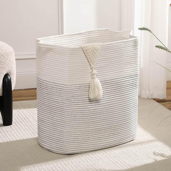 Tall Laundry Basket With Handles,Woven Cotton Rope Big Laundry Hamper Sorters,Versatile Storage for Dirty Clothes,Baby Toys,and Blankets in Bathroom, Nursery,and Living Room (White/Black Line, 50L)