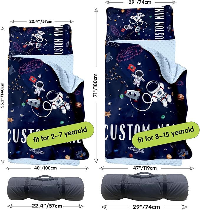 Personalized Toddler Nap Mats for Preschool, Custom Name Kids Sleeping Bag for Daycare, Roll Up Sleeping Mat with Removable Pillow and Soft Dot Minky Blanke for Boys Camping Travel