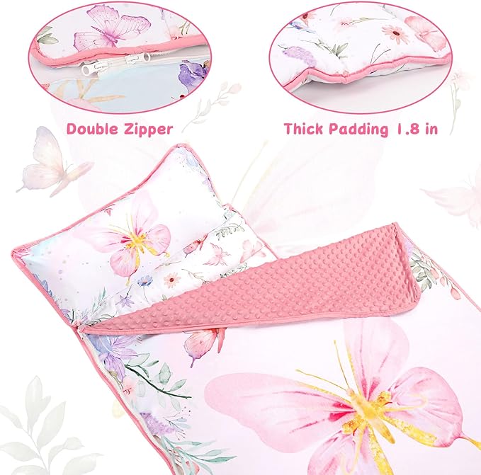 Pea Pod Toddler Nap Mat with Pillow & Fleece Blanket Ultra Soft Kids Rolled Napping Mats for Daycare, Preschool-Kindergarten, Slumber Bags for Boys Girls, Fits Ages 3-7 Years, Butterfly