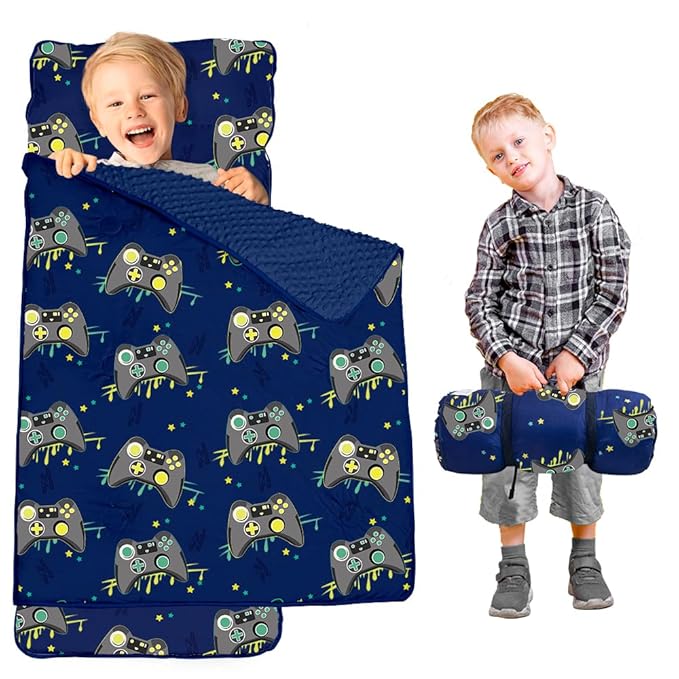 Toddler Nap Mat with Pillow and Minky Blanket, Large 55"x35" Sleeping Bag, Washable, Lightweight, Easy to Roll, Perfect for Preschool, Daycare, Kindergarten, Travel, Boys and Girls(Gamepad)