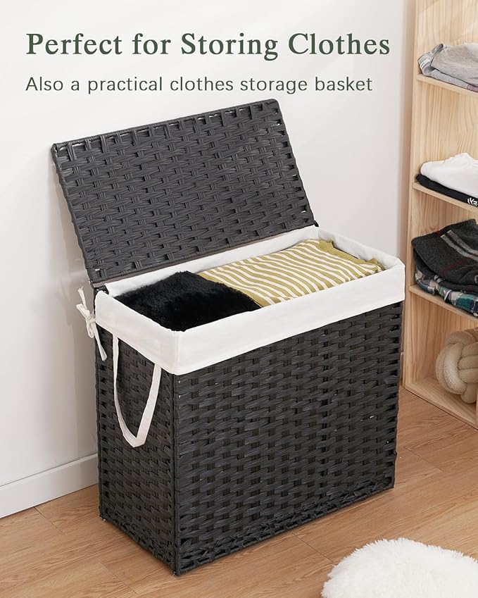 Laundry Hamper with Lid Laundry Basket 132 L (35 Gal) Wicker Clothes Hamper, Handwoven Rattan Hamper with Handles and 4 Removable Liner Bags, 6 Mesh Bags for Laundry Bedroom Black
