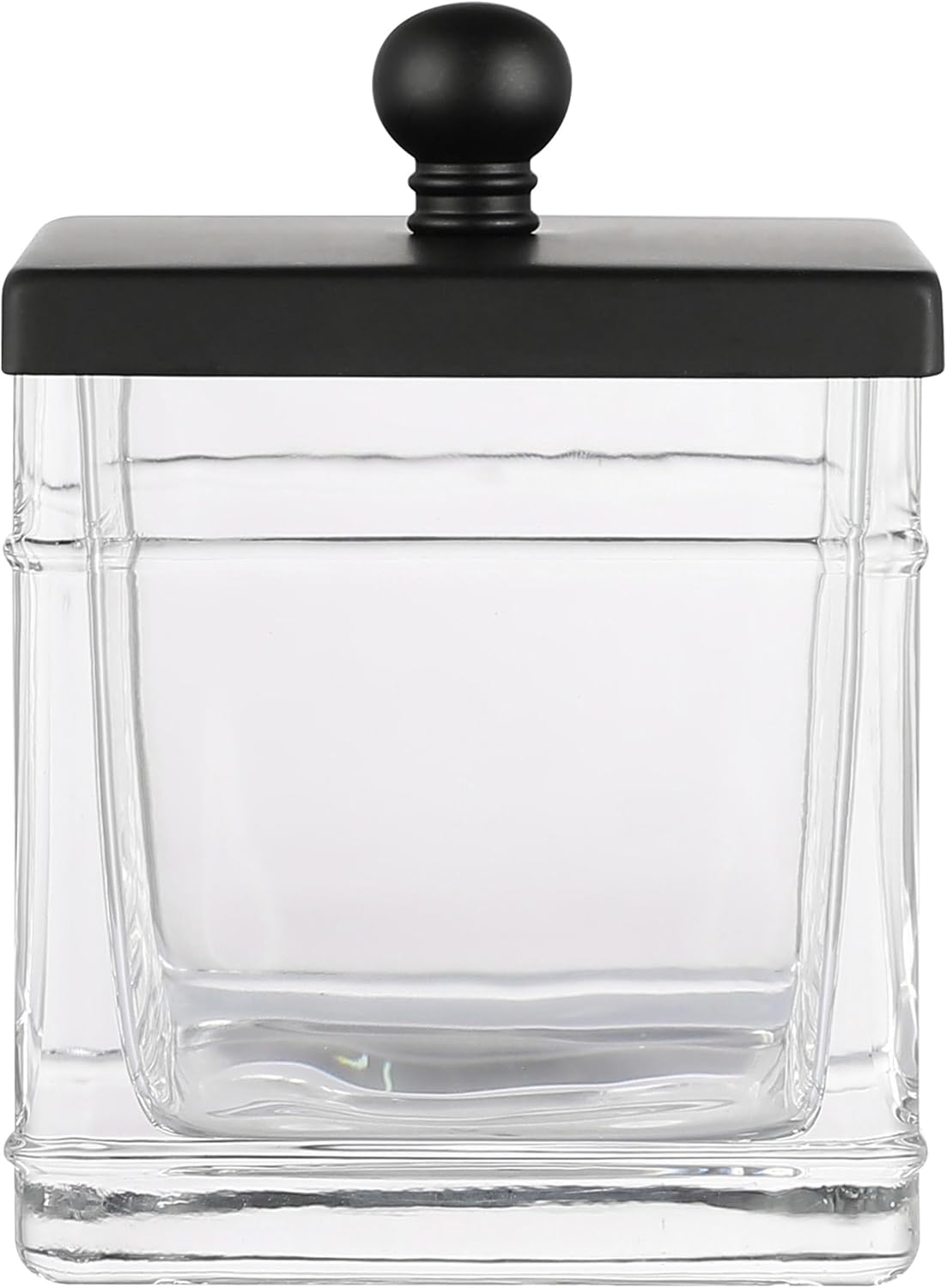 H Halston Apothecary Glass Cotton Jar Holder for Qtips, Cotton Balls, Floss, Storage Canister, Bathroom Organization, With Matte Black 304L Stainless Steel Lid, Makeup Vanity Organizer