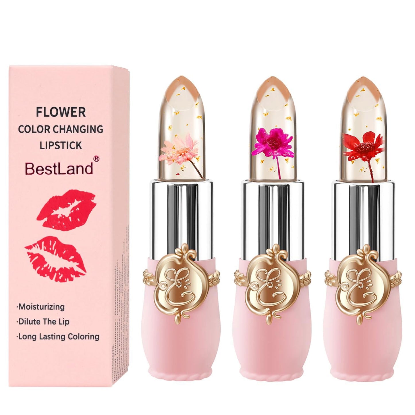 3 Pcs/Set Flower Jelly Lipstick Set Temperature Change Moisturizer Long Lasting Nutritious Balm Magic Color Change Lip Gloss (3Pcs Flower Jelly Lipstick 010203)
