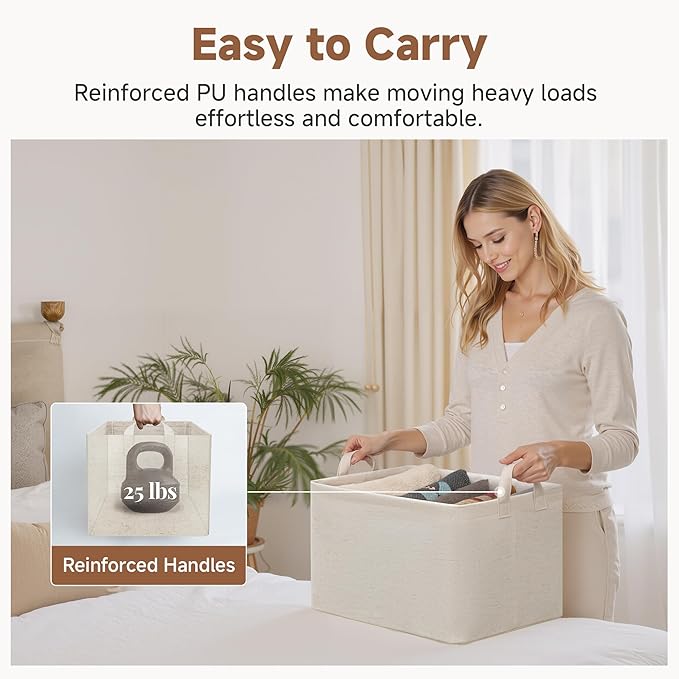 StorageWorks Storage Bins, Shelves Baskets for Organizing, Large Fabric Closet Organizers with Handles, Metal Frame, Beige（Cotton-linen）, 2-Pack