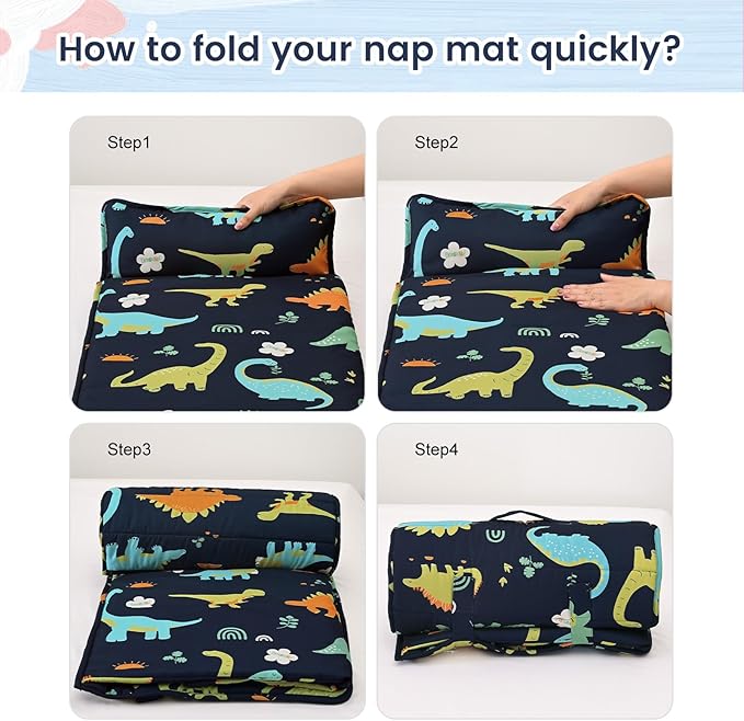 PHF Large Dinosaur Toddler Nap Mat Set, with Removable Pillow for Toddler Boys, Soft and Lightweight for Daycare, Preschool, Travel, Kindergarten Sleeping Bag, Fits Ages 3-6 Years, Large Dinosaur