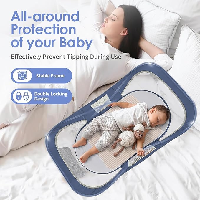 Portable Baby Bassinet Travel Baby Bed, Baby Cribs Travel Pod for Outdoors Baby Lounger Infant Travel Bed with Mosquito Net and Sunshade Canopy, Lightweight Washable