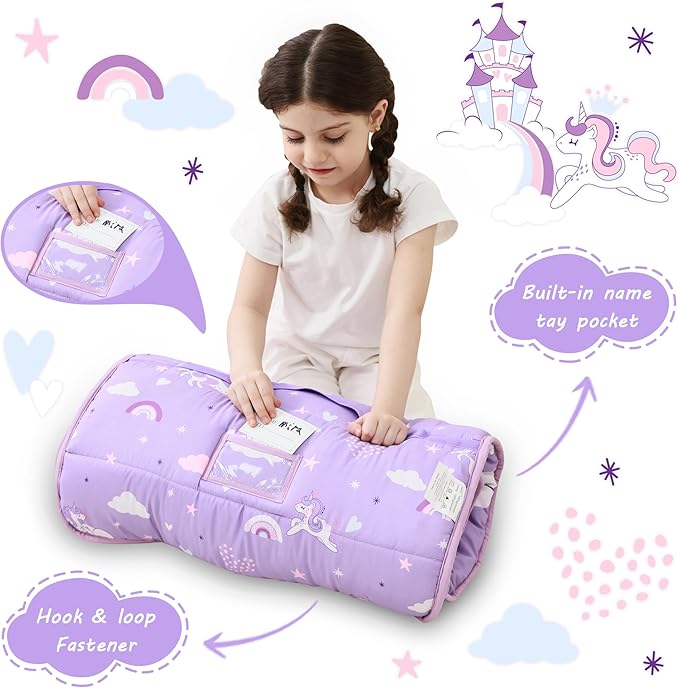 Toddler Nap Mat with Pillow and Blanket, Extra Large Rolled Napping Mats,Slumber Bags for Boys Girls,Kids Sleeping Bag for Daycare, Preschool Travel Camping