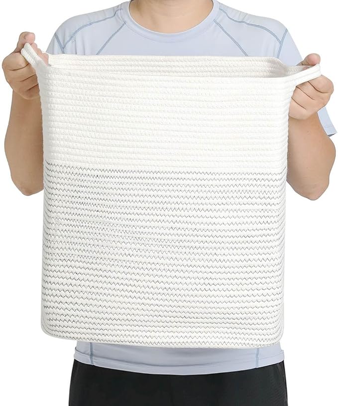 Tall Laundry Basket With Handles,Woven Cotton Rope Big Laundry Hamper Sorters,Versatile Storage for Dirty Clothes,Baby Toys,and Blankets in Bathroom, Nursery,and Living Room (White/Black Line, 68L)