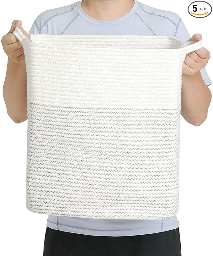 Tall Laundry Basket With Handles,Woven Cotton Rope Big Laundry Hamper Sorters,Versatile Storage for Dirty Clothes,Baby Toys,and Blankets in Bathroom, Nursery,and Living Room (White/Black Line, 50L)