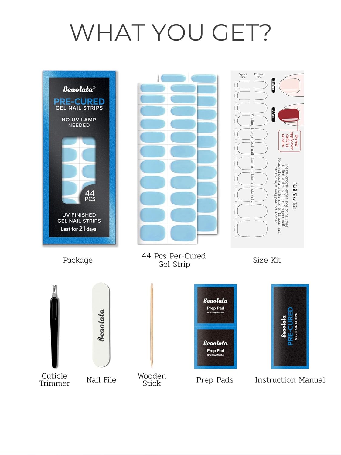 Pre Cured Gel Nail Strips - 44PCS Salon Quality Gel Nail Stickers - Long Lasting Polish Wraps for Women no UV Light Needed Easy Apply& Remove (Icy Blue)