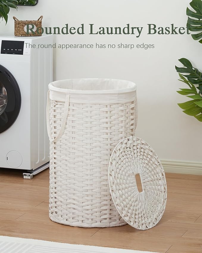 Large Laundry Hamper Laundry Basket Round 34.3 Gal (130 L) Handwoven Wicker Laundry Baskets Rattan Laundry Basket with Laundry Bag Handles 2 Mesh Bags for Living Room Bedroom White