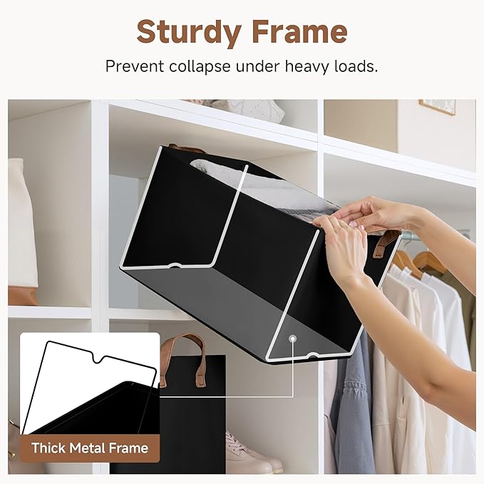 StorageWorks Storage Bins, Fabric Storage Bins for Shelves, Large Storage Baskets with Metal Frame, Closet Baskets and Bins with Handles, Black, 2-Pack