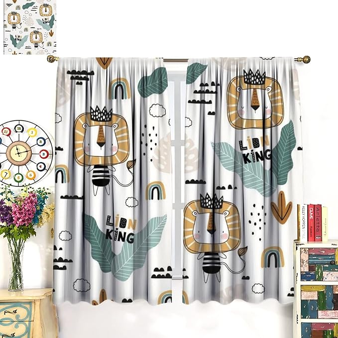 Cartoon Little Lion King Window Curtains for Baby Child,Cute Funny Forest Animals,Tropical Jungle Leaves Wildlife Boho Rainbow Print Blackout Drapes for Nursery Boys Girls Kids Bedroom 63x72in