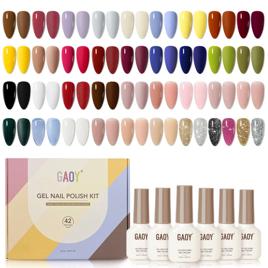 GAOY 42 Pcs Gel Nail Polish Kit, Jelly Nude Glitter Navy Blue Colors All Seasons UV Gel Nail Polish Set with Glossy & Matte Top Coat and Base Coat for Salon and DIY Manicure at Home