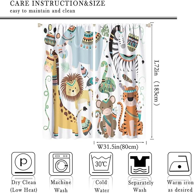 Jungle Tribal Animals Curtains, Southwest Aztec Cartoon Funny Zoo Animals Giraffe Lion Elephant Zebra Tiger Print Thermal Insulation Window Drapes for Kids Boys Girls Bedroom Living Room 63x72in