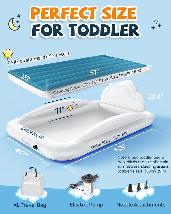 Toddler Air Mattress with Electric Pump, Inflatable Toddler Travel Bed with Safety Sides, Portable Kids Blow Up Mattress for Travel, Camping Grandma Sleepovers Playing Air Bed, Gift for Kids