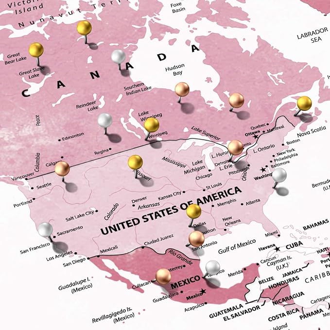 ElephantStock - Places You'll Go Push Pin World Map Wall Art - Horizontal Canvas Wall Art - Living Room Wall Decor - Digital Art Map Canvas Art - White And Pink Decor - 36" x 24"