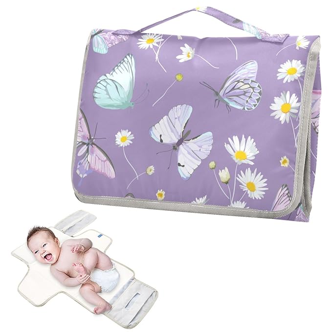 Portable Changing Pad for Baby - Butterfly Purple Waterproof Diaper Changing Mat Travel Changing Pad with Built-in Pillow - Shower Gift for Baby