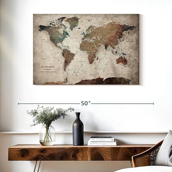 ElephantStock - Our Adventures World Map With Push Pin Iii Wall Art - Horizontal Canvas Wall Art - Living Room Wall Decor - Printmaking Map Canvas Art - Beige And Brown Decor - 39" x 26"