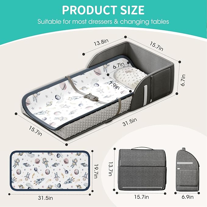 Portable Baby Diaper Changing Pad Foam Contoured Changing Table Pad with Soft Non-Slip Cover and Headrest Waterproof Diaper Bag for Dresser, Changing Table Topper Travel Outdoor
